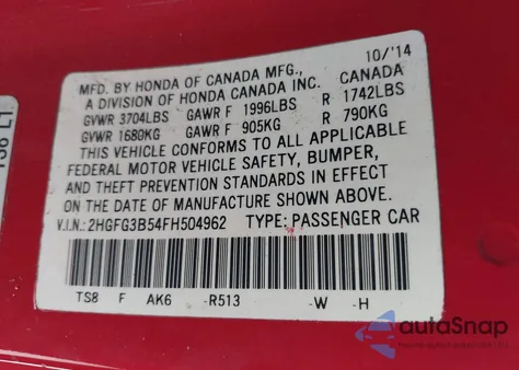 2015 Honda Civic Lx z USA, uszkodzony, nr VIN 2HGFG3B54FH504962